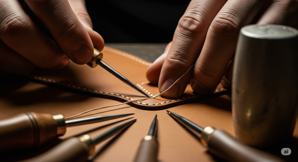 Close-up hiper-realista das mãos de um artesão costurando couro de alta qualidade, com ferramentas tradicionais e atenção impecável aos detalhes, simbolizando o luxo atemporal.