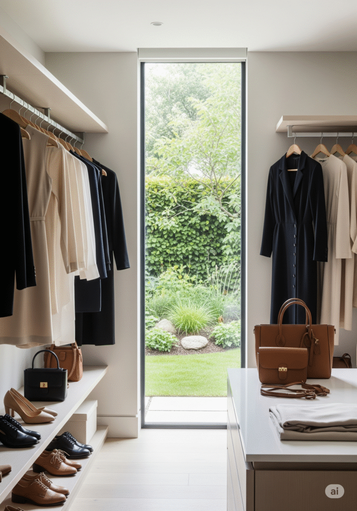 Closet minimalista com peças de moda em cores neutras, bolsas de couro e sapatos elegantes, transmitindo o conceito de luxo atemporal com organização e sofisticação