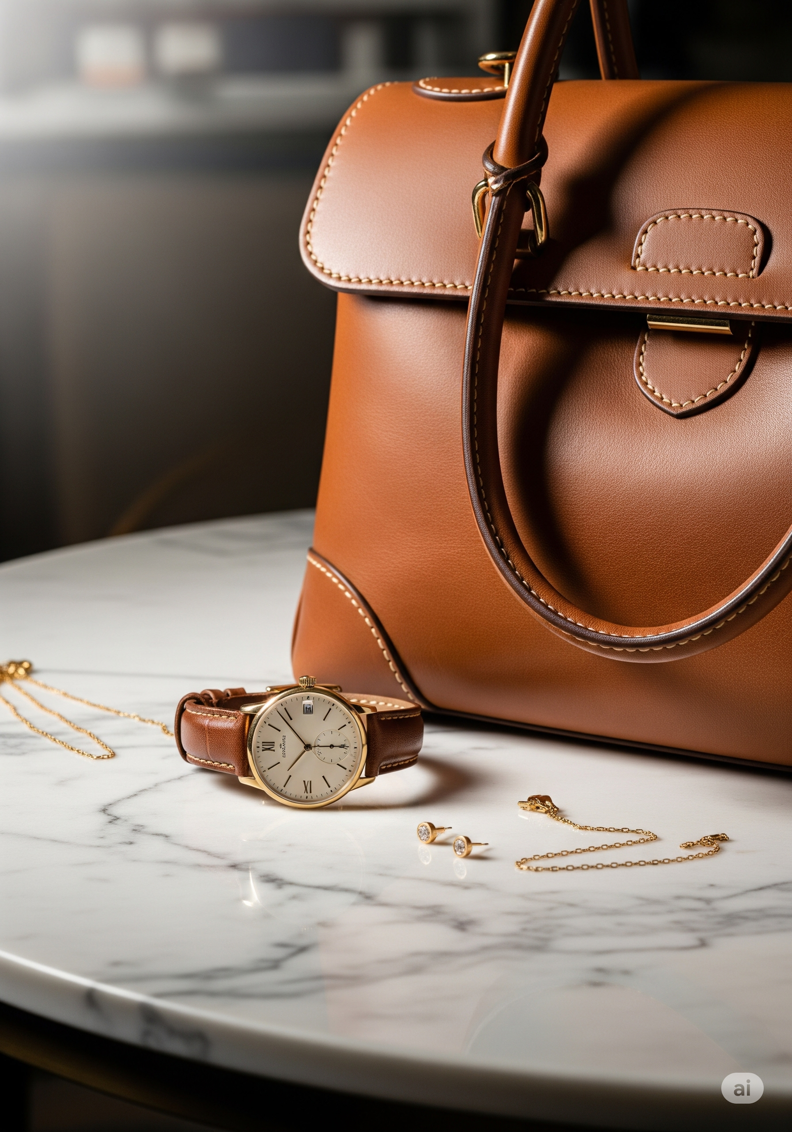Bolsa de couro marrom com costura impecável, relógio clássico de pulseira de couro e joias delicadas sobre mesa de mármore, representando o conceito de luxo atemporal.