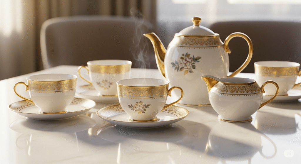 Jogo de porcelana fina com detalhes dourados, exemplo refinado de materiais de luxo.