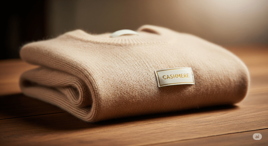 Suéter dobrado de cashmere bege, representando o conforto e a exclusividade dos materiais de luxo.