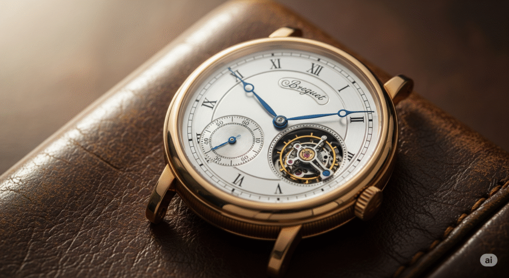 Relógio suíço Breguet com tourbillon, caixa de ouro e mostrador clássico.