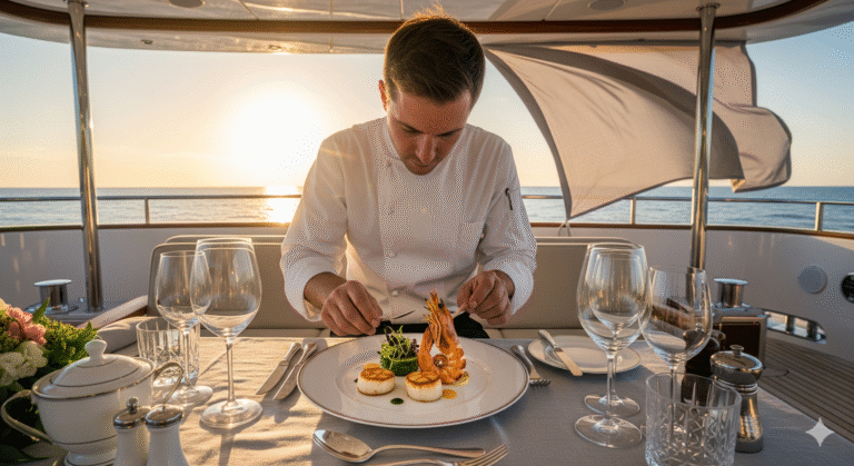 jantar de alta gastronomia no convés — iates e cruzeiros exclusivos